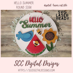 Hello Summer 3D SVG – Laser Cut Sign with Bird, Watermelon & Sunflower, DIY Prim Home Decor