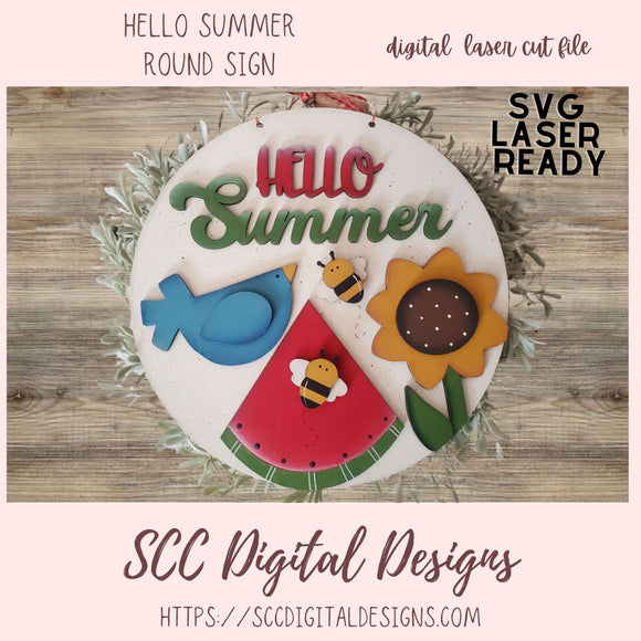 Hello Summer 3D SVG – Laser Cut Sign with Bird, Watermelon & Sunflower, DIY Prim Home Decor