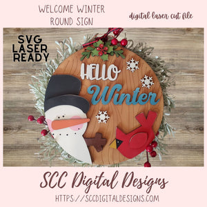 Festive Hello Winter Laser SVG, 3d Layered Snowman, Cardinal & Snowflakes Round Sign SVG, Digital Laser Cut File