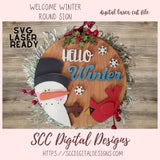 Festive Hello Winter Laser SVG, 3d Layered Snowman, Cardinal & Snowflakes Round Sign SVG, Digital Laser Cut File