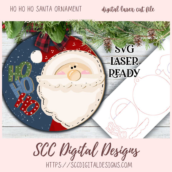 Cute Ho Ho Ho Santa Christmas Ornament SVG Cut Design, 3D Laser Ready for Glowforge & Laser Cutters, Instant Download Digital Woodworking Pattern