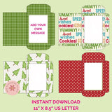 Set of printable cookie box templates with text and patterns on a light green background.