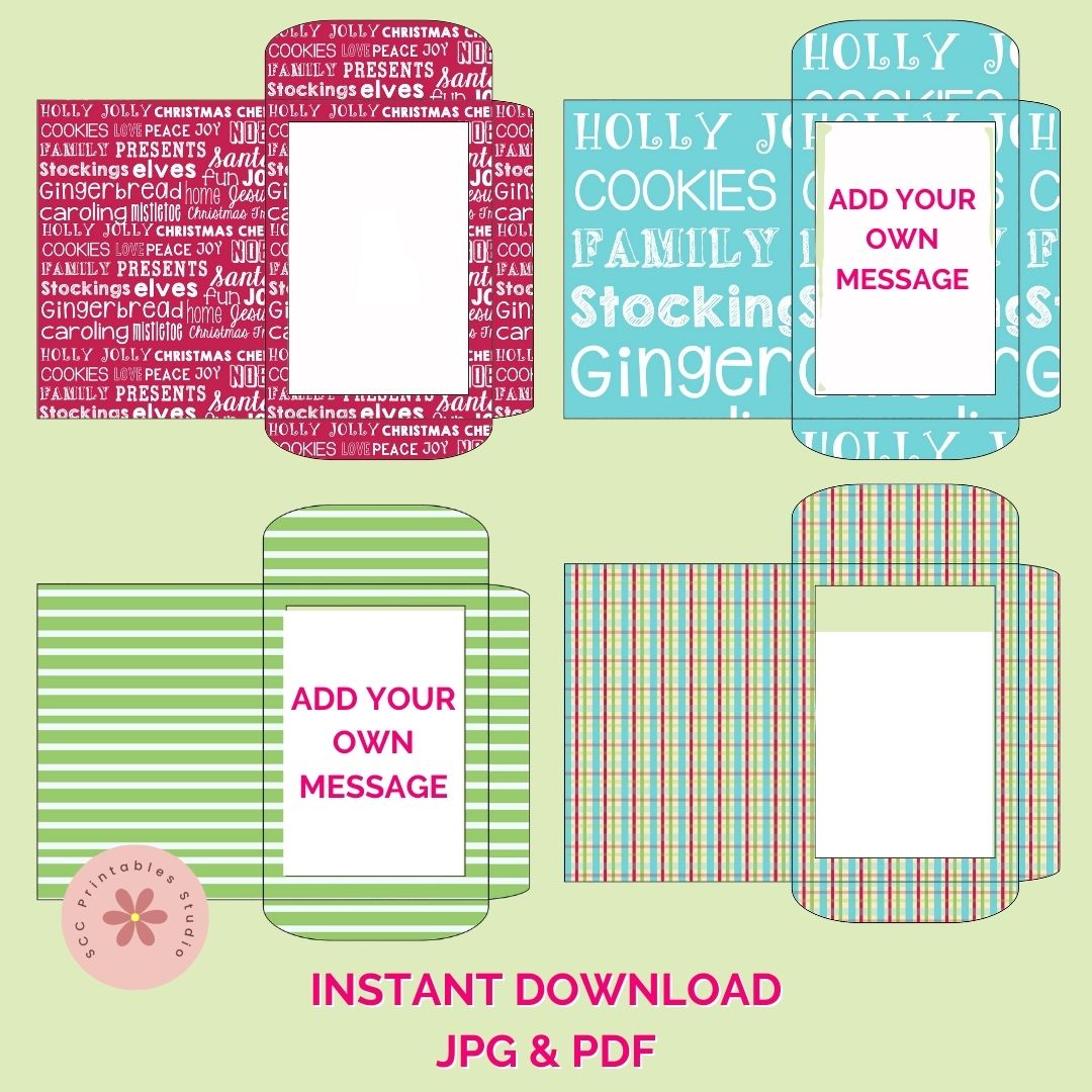 Colorful Christmas-themed gift bag templates with text and space for personalization on a light green background.