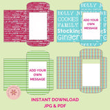 Colorful Christmas-themed gift bag templates with text and space for personalization on a light green background.