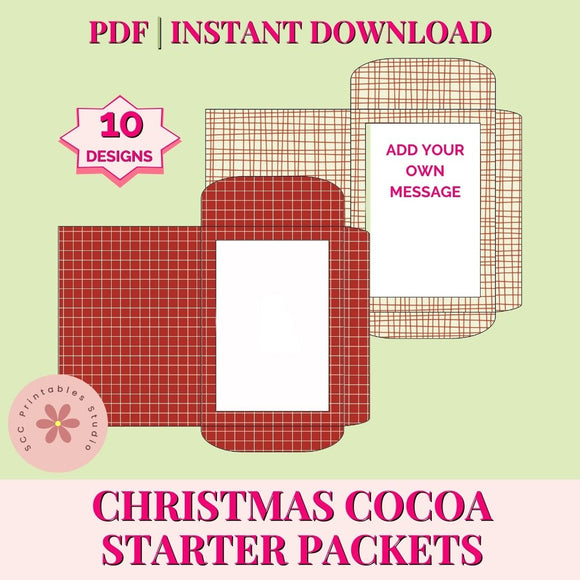 Christmas cocoa starter packet design with grid pattern on a light green background