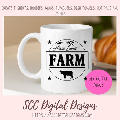 Home Sweet Farm SVG, Farmhouse Kitchen Sign for Girlfriend, Cow Lover Gift for Women, Ranch House Rustic Wall Decor, DIY Tumbler for Mom