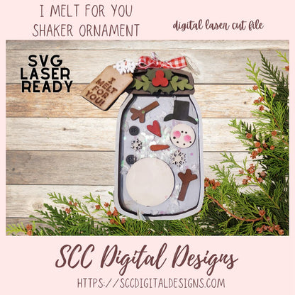 I Melt for You Shaker Ornament Laser SVG, 3D Layered Jar with Build a Snowman & Mini Sign Christmas Ornament, Fillable Christmas Ornament Laser File, Confetti Filled Ornament SVG File