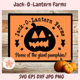Halloween-themed sign with a pumpkin face and text on an orange background, featuring 'Jack-O-Lantern Farms' and pumpkins.