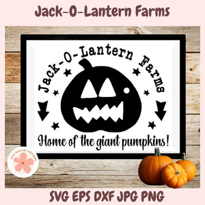Jack-O-Lantern Farms logo with pumpkins on a wooden background