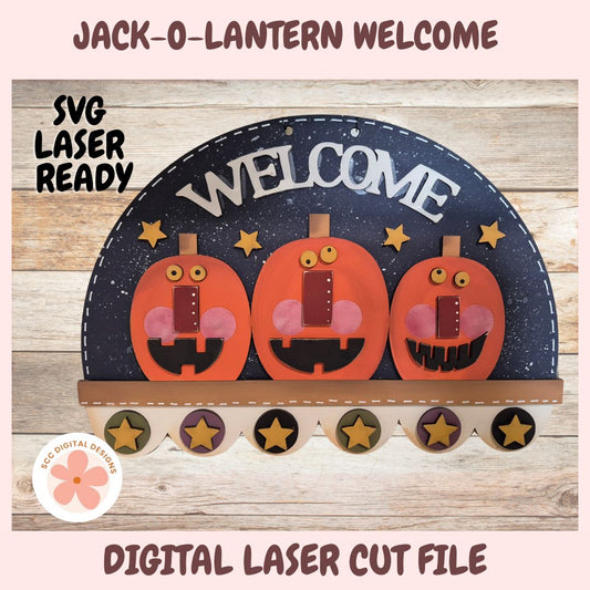 Halloween Welcome Sign SVG, Jack-O-Landern Layered Digital Laser Cut Sign for Glowforge, Farmhouse Seasonal Decor