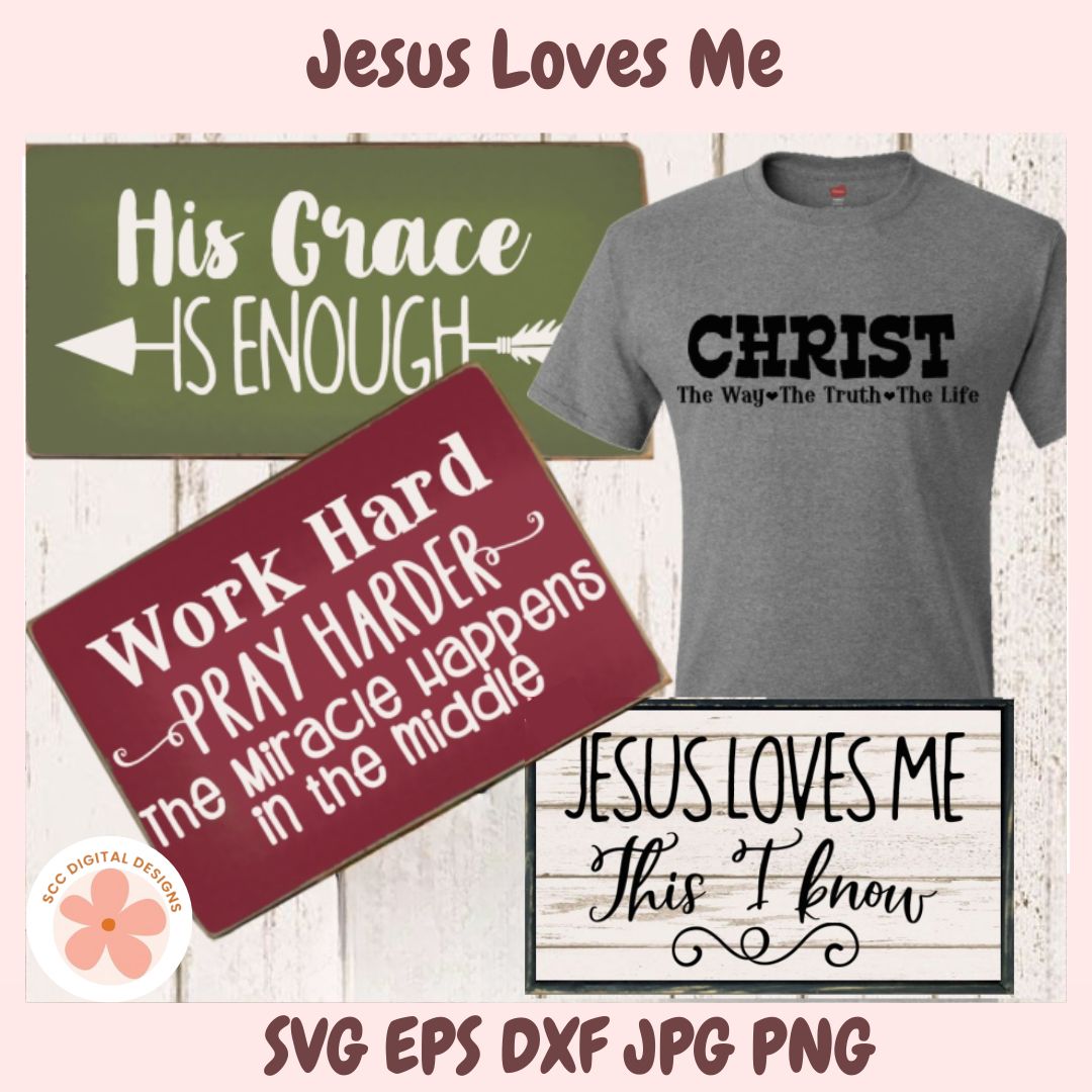 Collection of merchandise with motivational phrases including 'Jesus Loves Me', 'His Grace is Enough', and 'Work Hard, Pray Harder'.