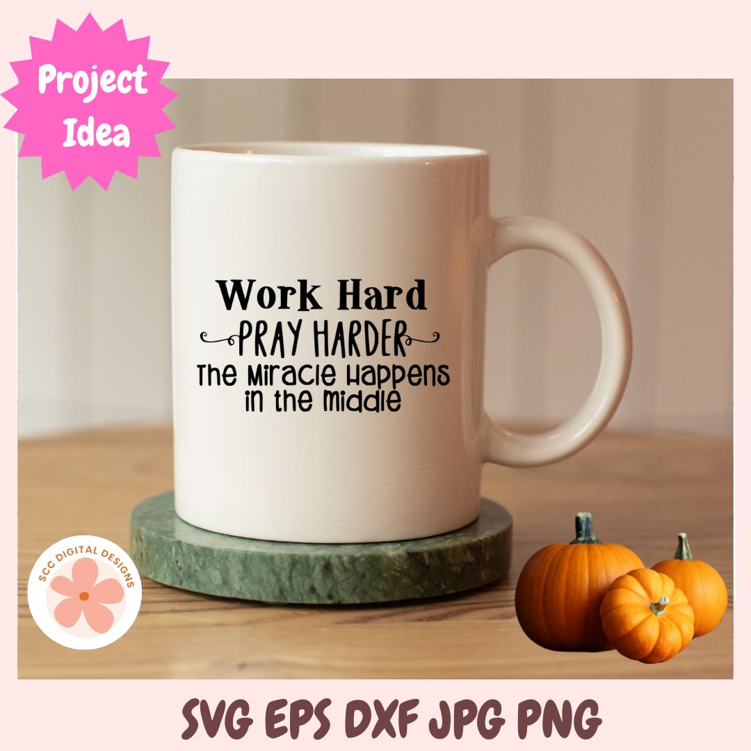 White mug with motivational quote on a wooden table with pumpkins, featuring 'Eco Digital Designs' logo.