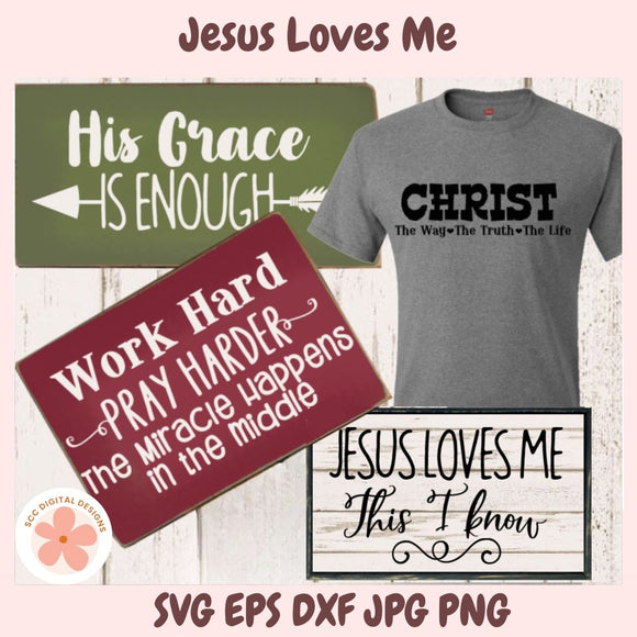 Collection of merchandise with motivational phrases including 'Jesus Loves Me', 'His Grace is Enough', and 'Work Hard, Pray Harder'.