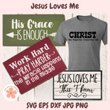 Collection of merchandise with motivational phrases including 'Jesus Loves Me', 'His Grace is Enough', and 'Work Hard, Pray Harder'.