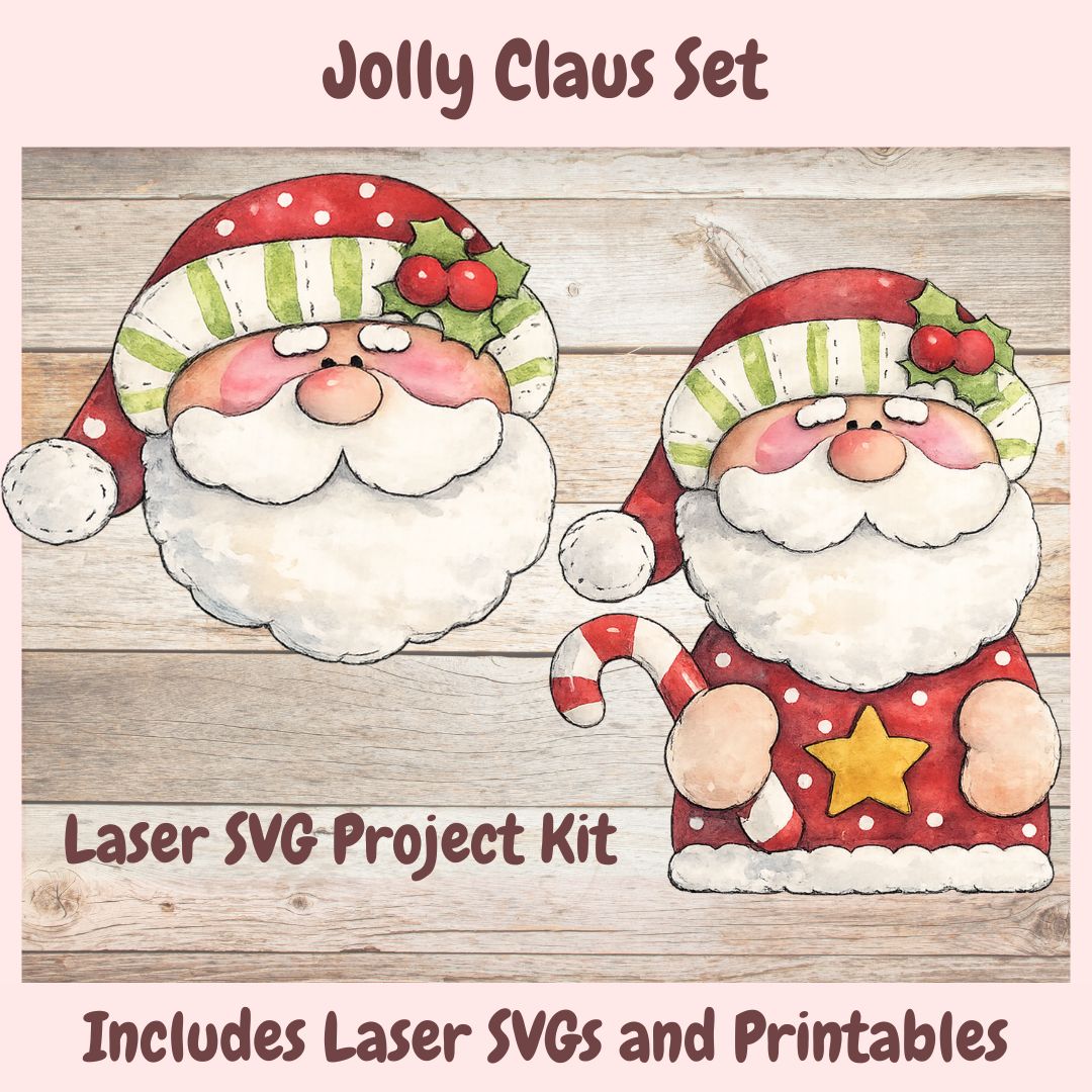 A Christmas-themed graphic showing two cartoon Santa Claus illustrations on a rustic wood background, with text reading 'Jolly Claus Set' and 'Laser SVG Project Kit.' The design appears to advertise digital cut files or printable holiday artwork rather than a physical product photo.