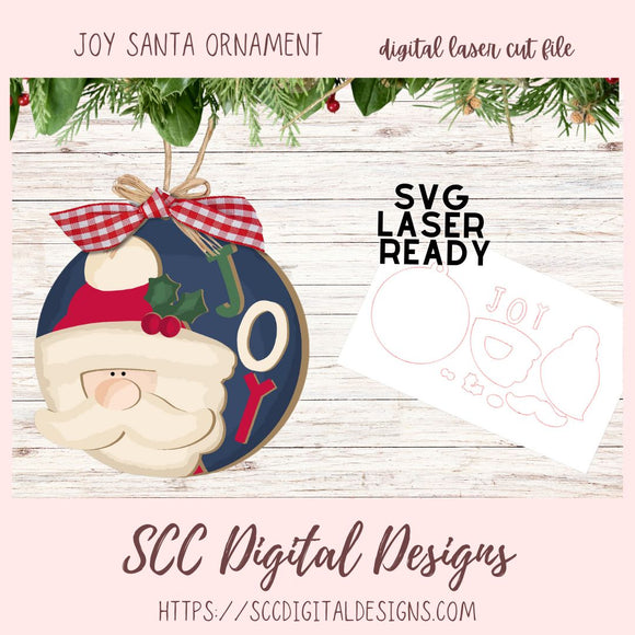 Joyful Santa Christmas Ornament SVG Cut Design, 3D Laser Ready for Glowforge & Laser Cutters, Instant Download Digital Woodworking Pattern