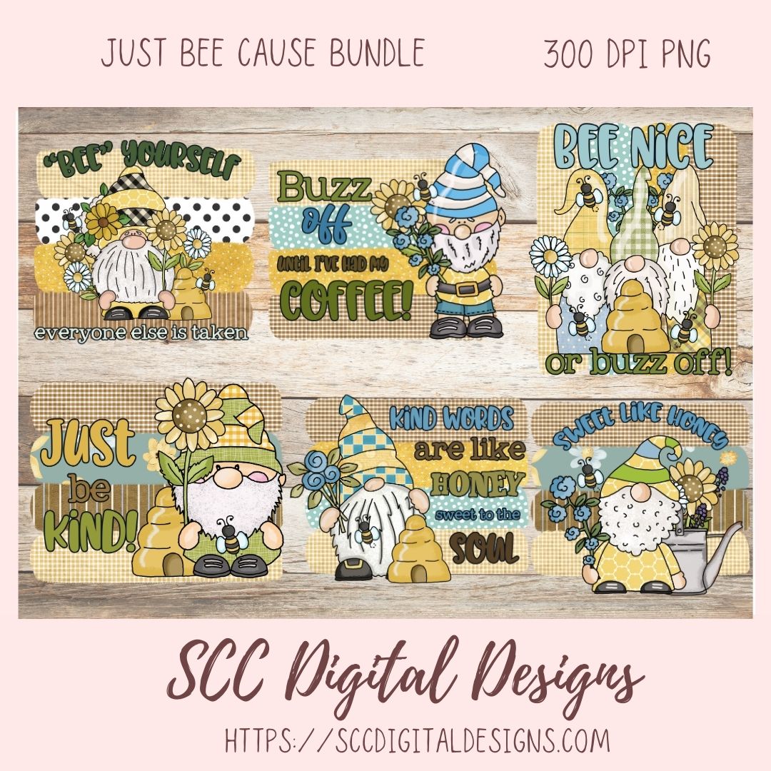Bee Gnome Clipart for Stickers 6 designs in 300 dpi png format