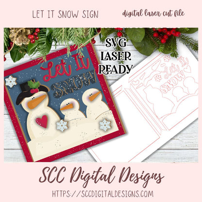 Whimsical Let it Snow Sign with 3 Snowmen SVG Cut Design, 3D Laser Ready for Glowforge & Laser Cutters, Instant Download Digital Woodworking Pattern