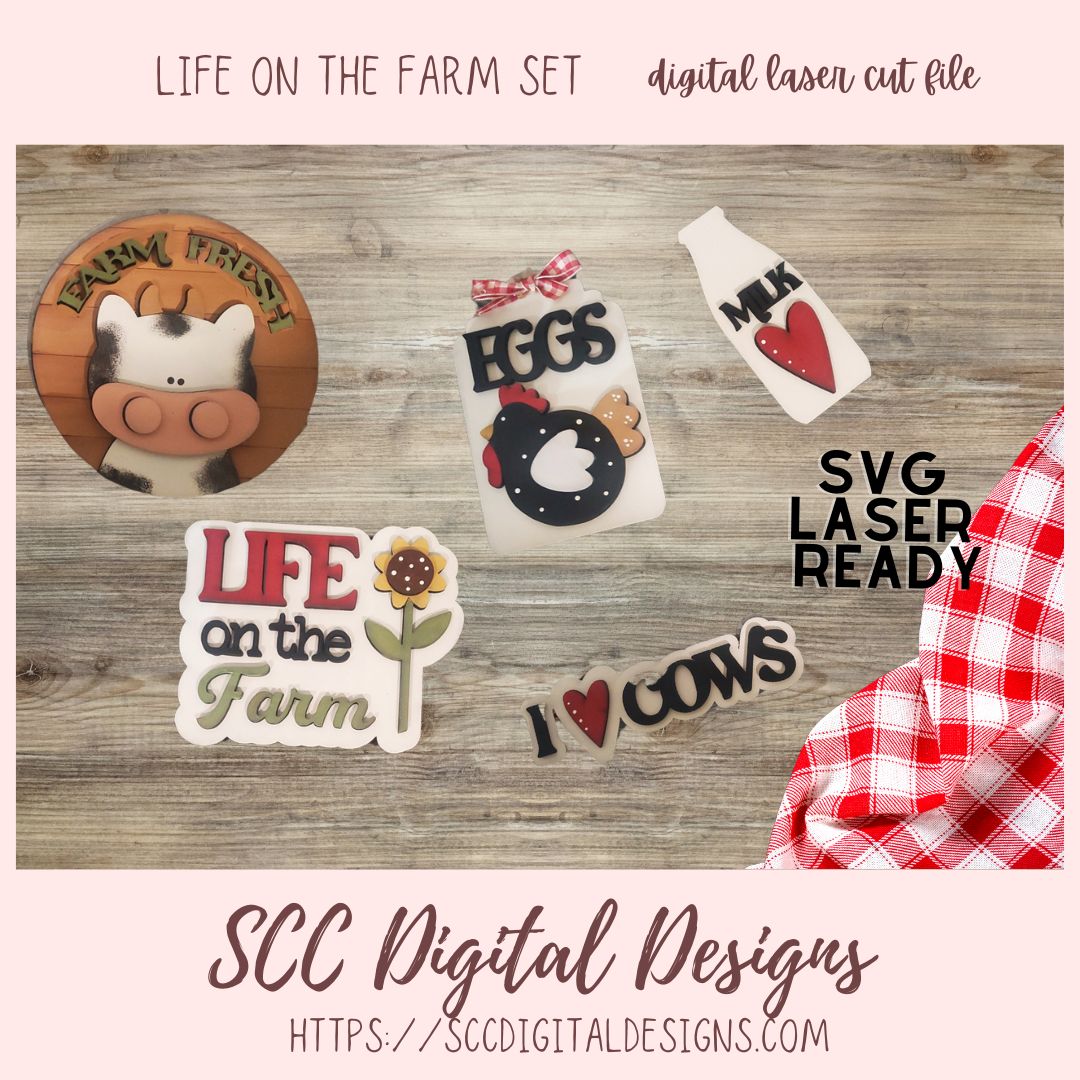 Life on the Farm SVG, 3D Tiered Tray Farm Fresh Cow, Chicken with Eggs Tag for Laser Crafting, Set of 5 Digital Laser Cutter Mini Sign Designs