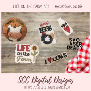 Life on the Farm SVG, 3D Tiered Tray Farm Fresh Cow, Chicken with Eggs Tag for Laser Crafting, Set of 5 Digital Laser Cutter Mini Sign Designs