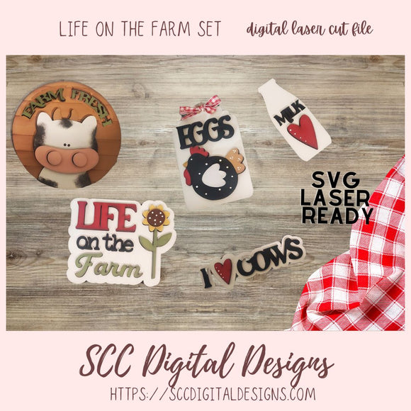 Life on the Farm SVG, 3D Tiered Tray Farm Fresh Cow, Chicken with Eggs Tag for Laser Crafting, Set of 5 Digital Laser Cutter Mini Sign Designs