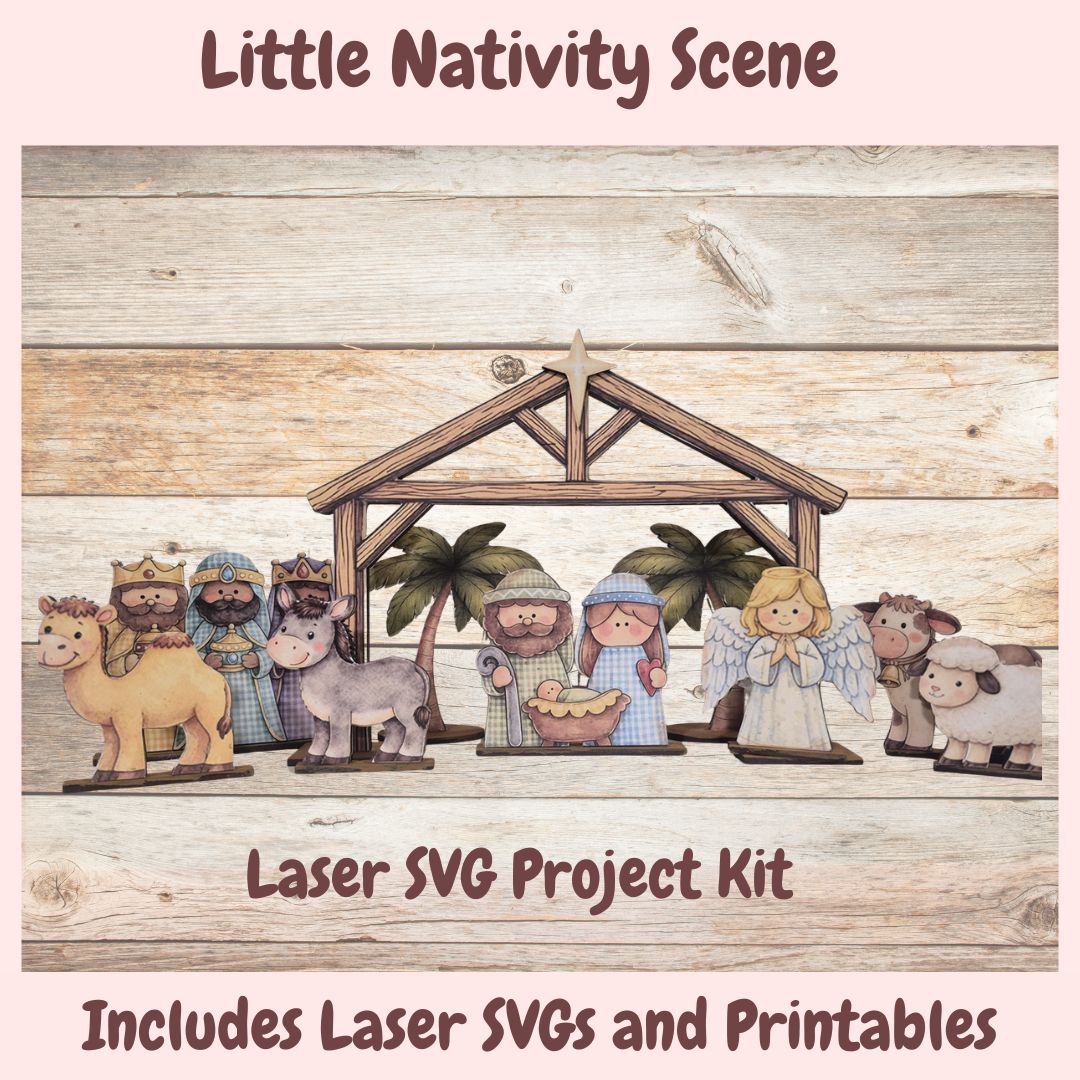A product listing graphic for a 'Little Nativity Scene Laser SVG Project Kit' featuring a collection of wooden cutout figures of the Holy Family, wise men, an angel, shepherds, a camel, and a donkey arranged inside a wooden stable on a rustic wood plank background.