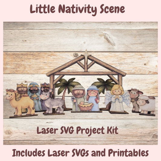 A product listing graphic for a 'Little Nativity Scene Laser SVG Project Kit' featuring a collection of wooden cutout figures of the Holy Family, wise men, an angel, shepherds, a camel, and a donkey arranged inside a wooden stable on a rustic wood plank background.