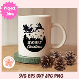 White mug with Christmas design on a wooden surface with pine cones.