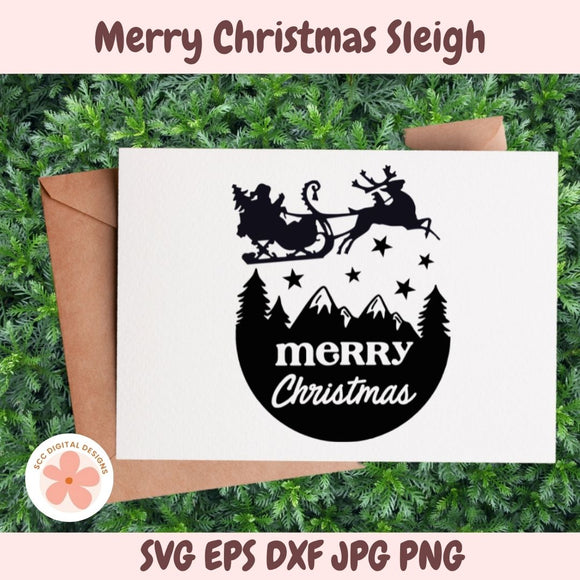 Christmas-themed card with Santa Claus and reindeer on a white background, surrounded by greenery.