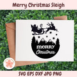 Christmas-themed card with Santa Claus and reindeer on a white background, surrounded by greenery.