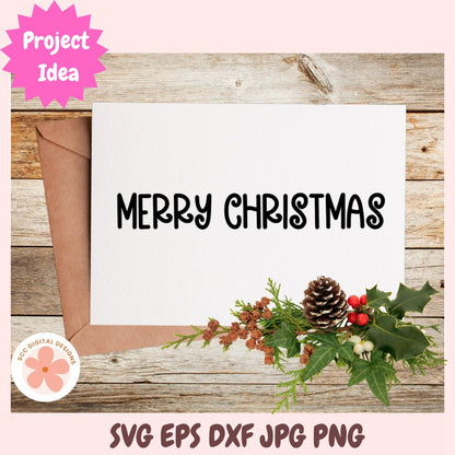 Christmas card with 'Merry Christmas' text and decorative elements on a wooden background.