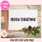 Christmas card with 'Merry Christmas' text and decorative elements on a wooden background.
