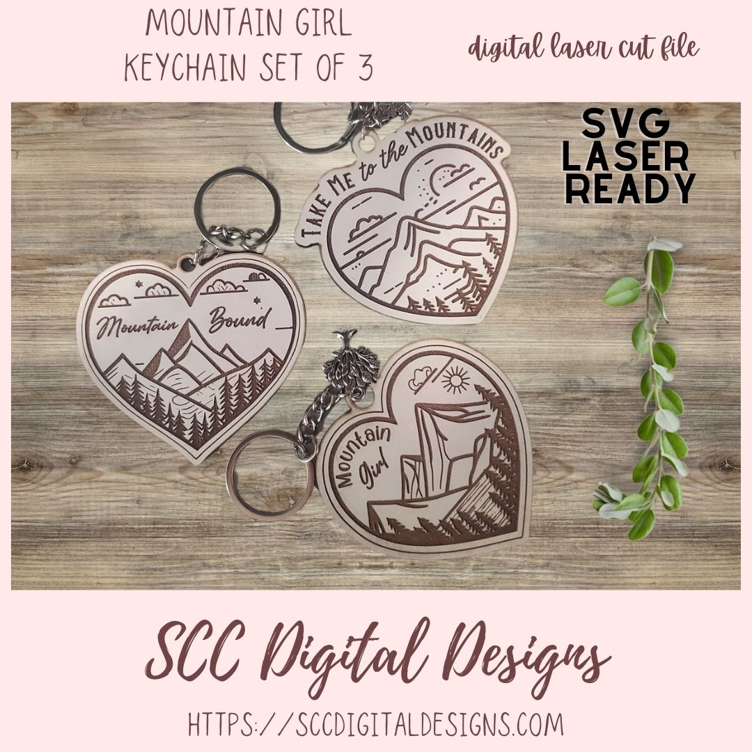 Heart Shaped Mountain Girl Keychain SVG Bundle 3 designs in svg laser format