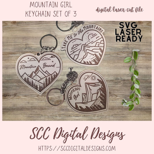 Heart Shaped Mountain Girl Keychain SVG Bundle 3 designs in svg laser format