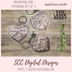 Heart Shaped Mountain Girl Keychain SVG Bundle 3 designs in svg laser format