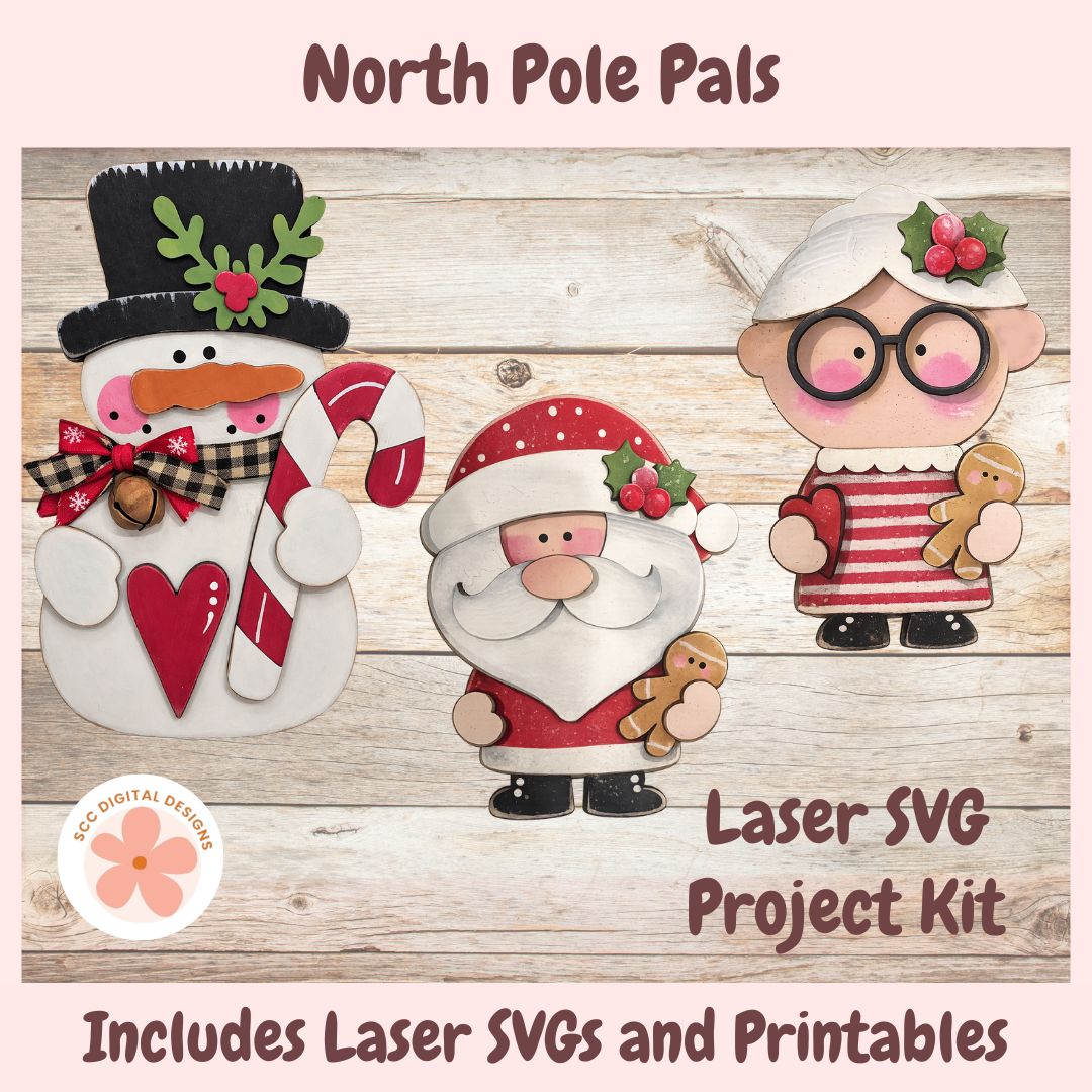 Promotional graphic for a 'North Pole Pals' Laser SVG Project Kit by OC Digital Designs, featuring three festive laser-cut SVG designs of a snowman, Santa Claus, and a North Pole girl on a rustic wood background.