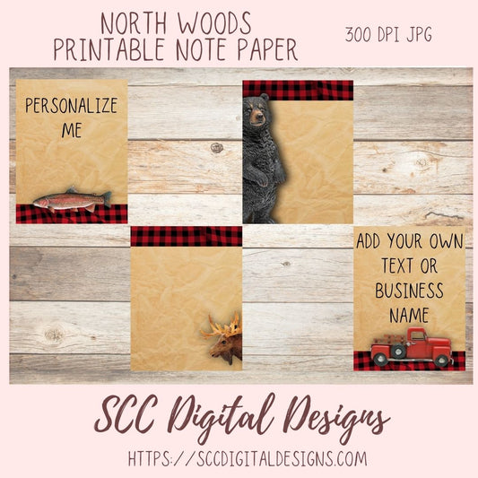 North Woods Printable Note Pages, DIY Print Personalized Outdoorsy Stationary, Bear Moose Fish Vintage Red Truck Unlined Planner Inserts