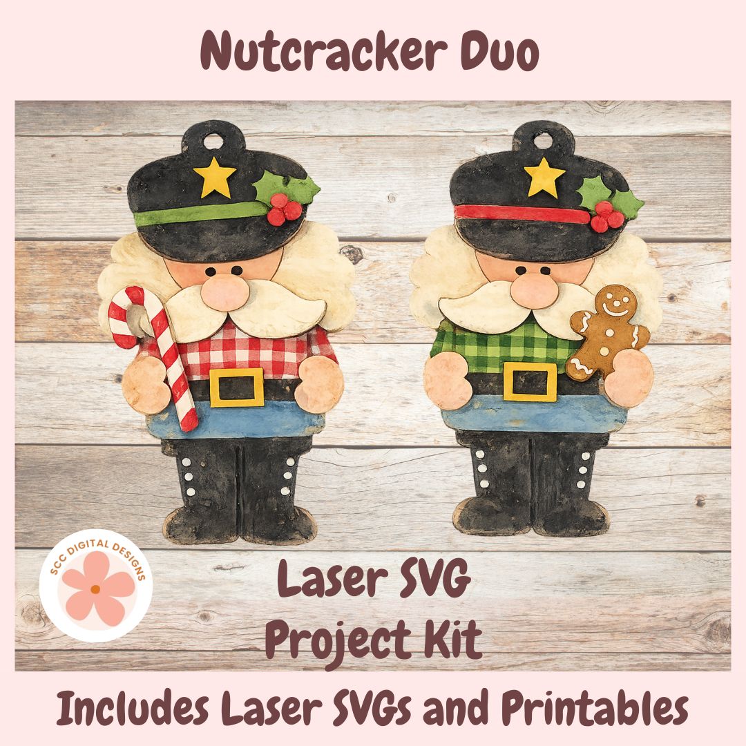 Digital product listing graphic for a 'Nutcracker Duo' Laser SVG Project Kit. The graphic features two festive wooden nutcracker designs side-by-side on a rustic wood plank background, with text overlays describing the product as a laser SVG project kit that includes SVGs and prints.
