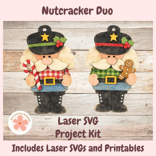 Digital product listing graphic for a 'Nutcracker Duo' Laser SVG Project Kit. The graphic features two festive wooden nutcracker designs side-by-side on a rustic wood plank background, with text overlays describing the product as a laser SVG project kit that includes SVGs and prints.
