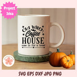 White mug with 'Old Witch Coffee House' text on a wooden surface with pumpkins, featuring a 'Project Idea' label.