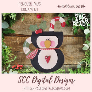 Cute Penguin Mug Christmas Ornament Laser SVG, 3D Layered Christmas Ornament Digital Laser Cut File, Winter Farmhouse Christmas Cut Design