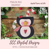Cute Penguin Mug Christmas Ornament Laser SVG, 3D Layered Christmas Ornament Digital Laser Cut File, Winter Farmhouse Christmas Cut Design