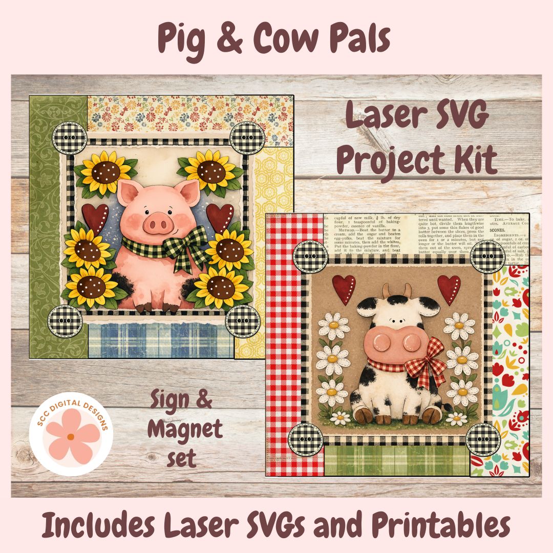 Pig & Cow SVG  Project Kit, Printable Artwork Included, Printable Wood Mini Sign & Magnet Craft, Glowforge & Laser Cut File