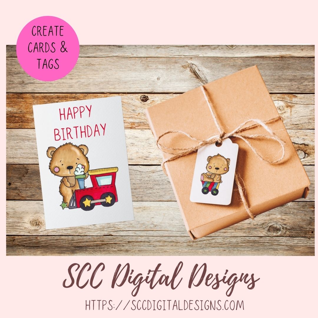 Whimsical Bear Clipart for Sublimation for Kids Birthday T-Shirts and Greeting Cards, Colorful Airplanes & Trains PNG for Scrapbooking