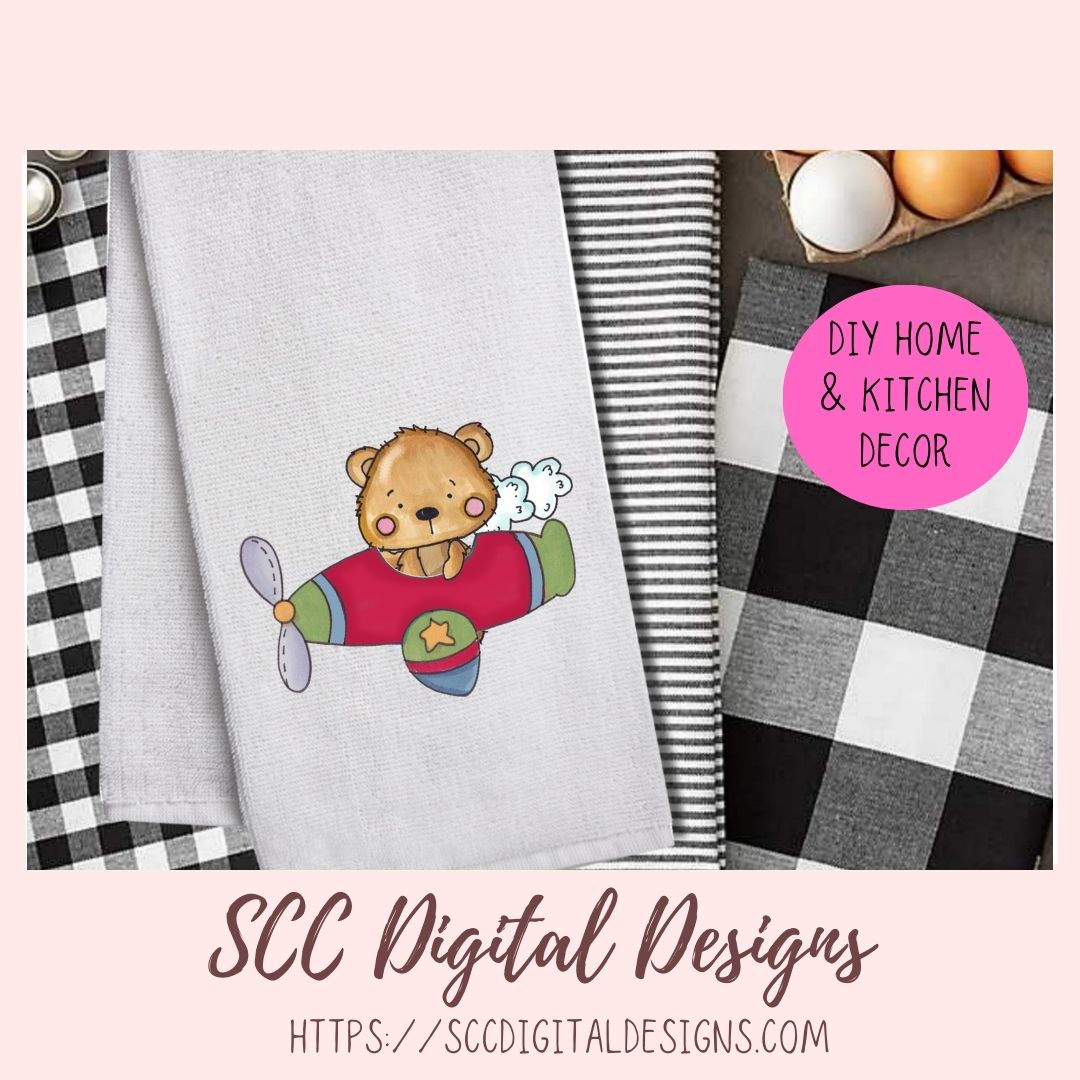 Whimsical Bear Clipart for Sublimation for Kids Birthday T-Shirts and Greeting Cards, Colorful Airplanes & Trains PNG for Scrapbooking