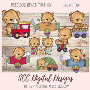 Whimsical Bear Clipart for Sublimation for Kids Birthday T-Shirts and Greeting Cards, Colorful Airplanes & Trains PNG for Scrapbooking