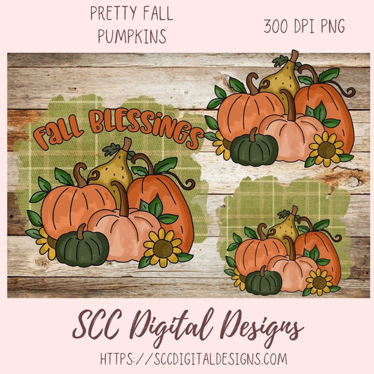 Fall Blessings Clipart, Pretty Fall Pumpkins & Sunflowers PNG, Inspirational Quote Wall Art For Mom, Farmhouse Kitchen Sign Decor