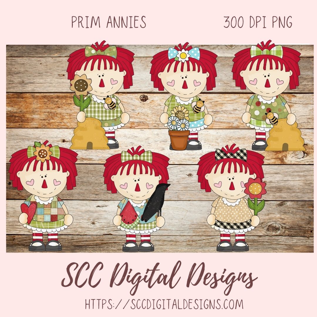 Annie Clipart for Stickers for Women,  Sunflowers, Black Bird PNGs for T-Shirts and Mugs for Mom, Digital Download Primitive Doll Clip Art