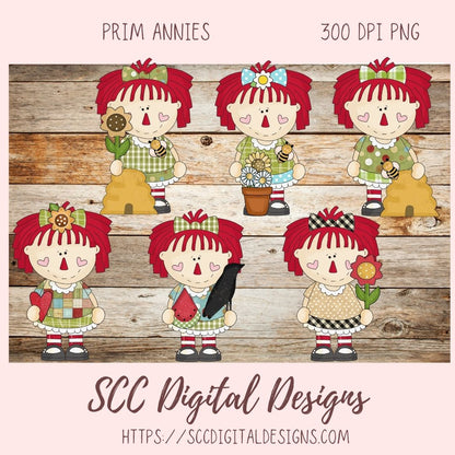 Annie Clipart for Stickers for Women,  Sunflowers, Black Bird PNGs for T-Shirts and Mugs for Mom, Digital Download Primitive Doll Clip Art