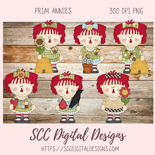 Annie Clipart for Stickers for Women,  Sunflowers, Black Bird PNGs for T-Shirts and Mugs for Mom, Digital Download Primitive Doll Clip Art